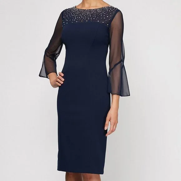 navy blue lace evening dress with sheer long sleeves Shoulder pads Dress – The Loop main image 0